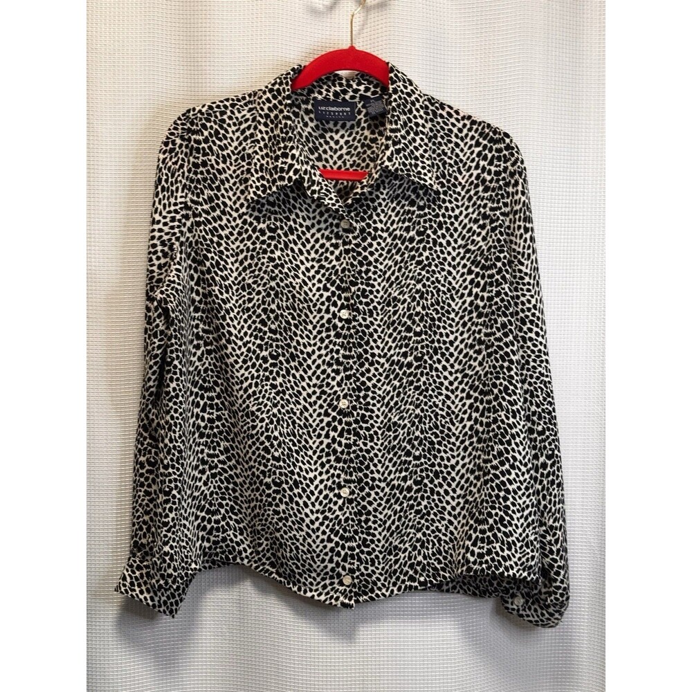 Liz Claiborne Lizsport Petite PL Black White Animal Print Button Front Blouse